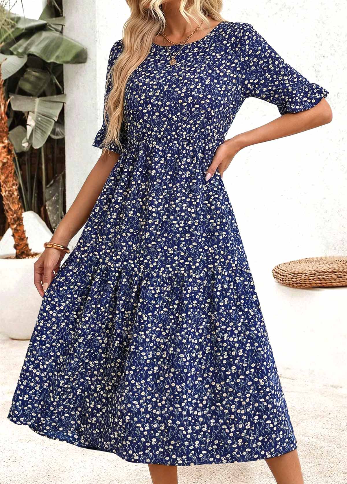 Navy Ditsy Floral Print Shirred Half Sleeve Dress | picture 