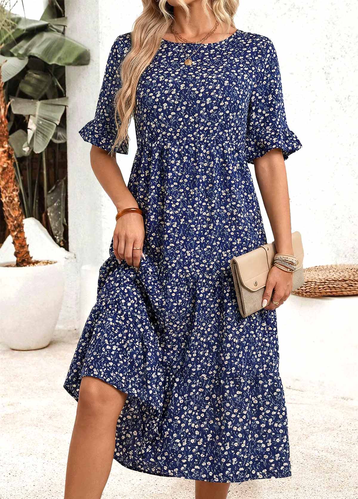 Navy Ditsy Floral Print Shirred Half Sleeve Dress | picture 