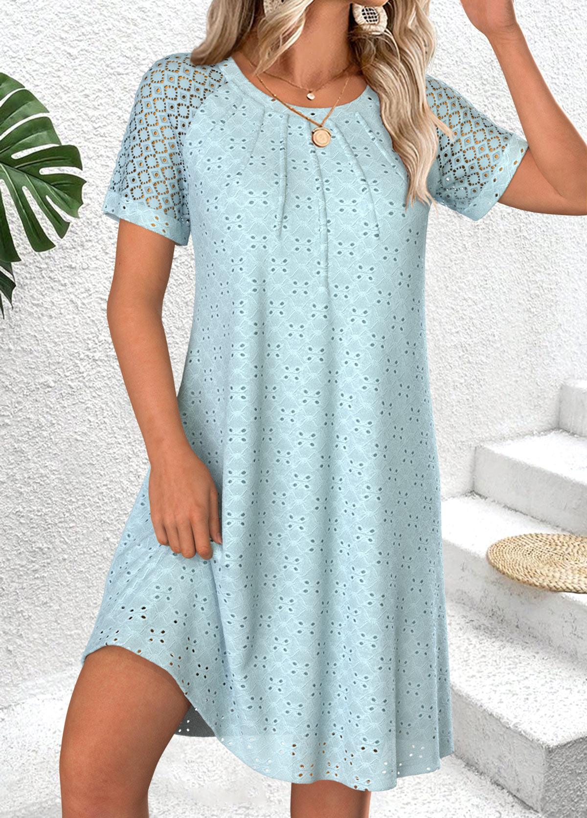 Light Blue Short Patchwork Round Neck Dress | picture 