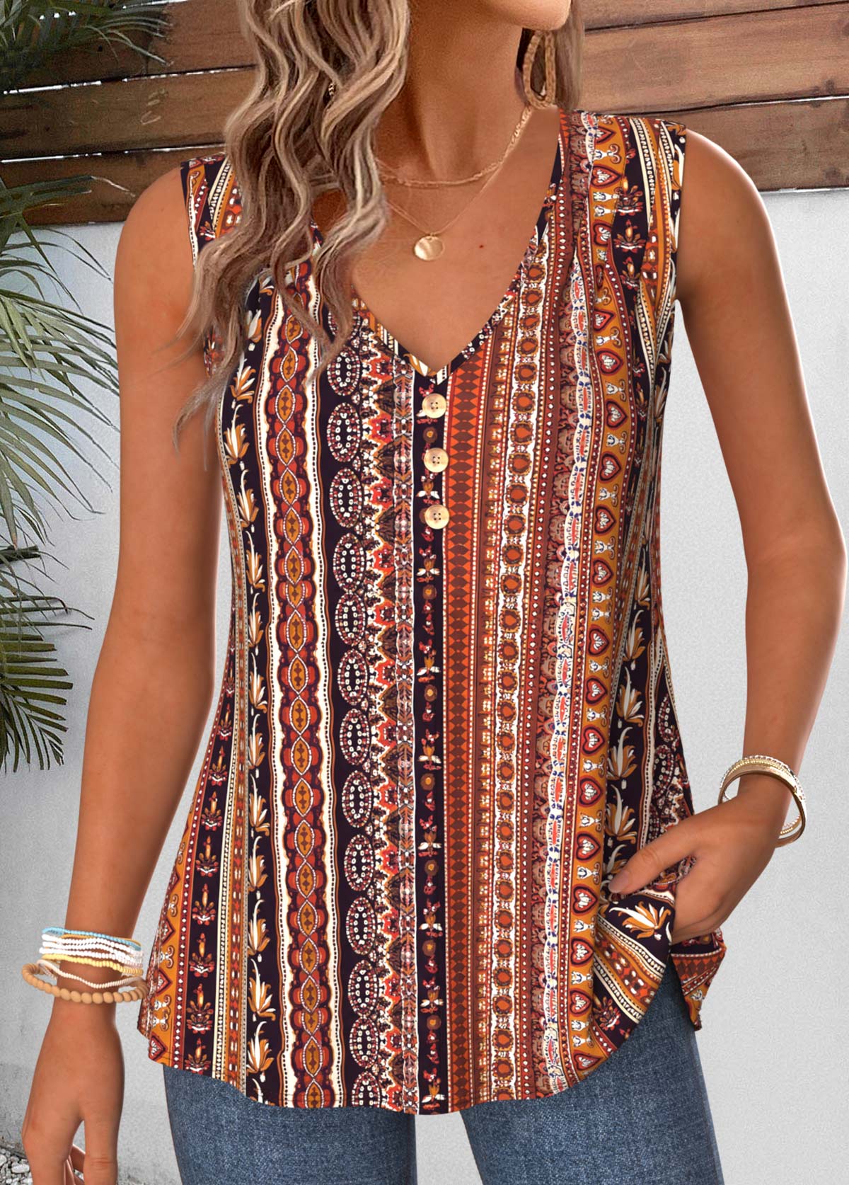 Dark Coffee Striped Curved Hem Sleeveless Tank Top | picture 