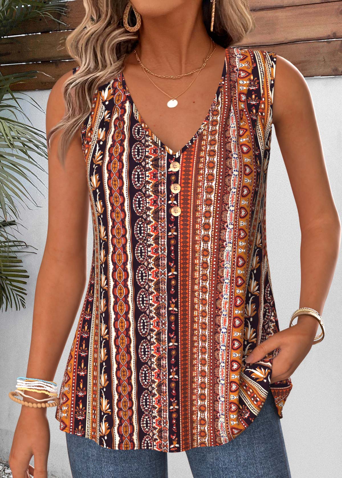 Dark Coffee Striped Curved Hem Sleeveless Tank Top | picture 