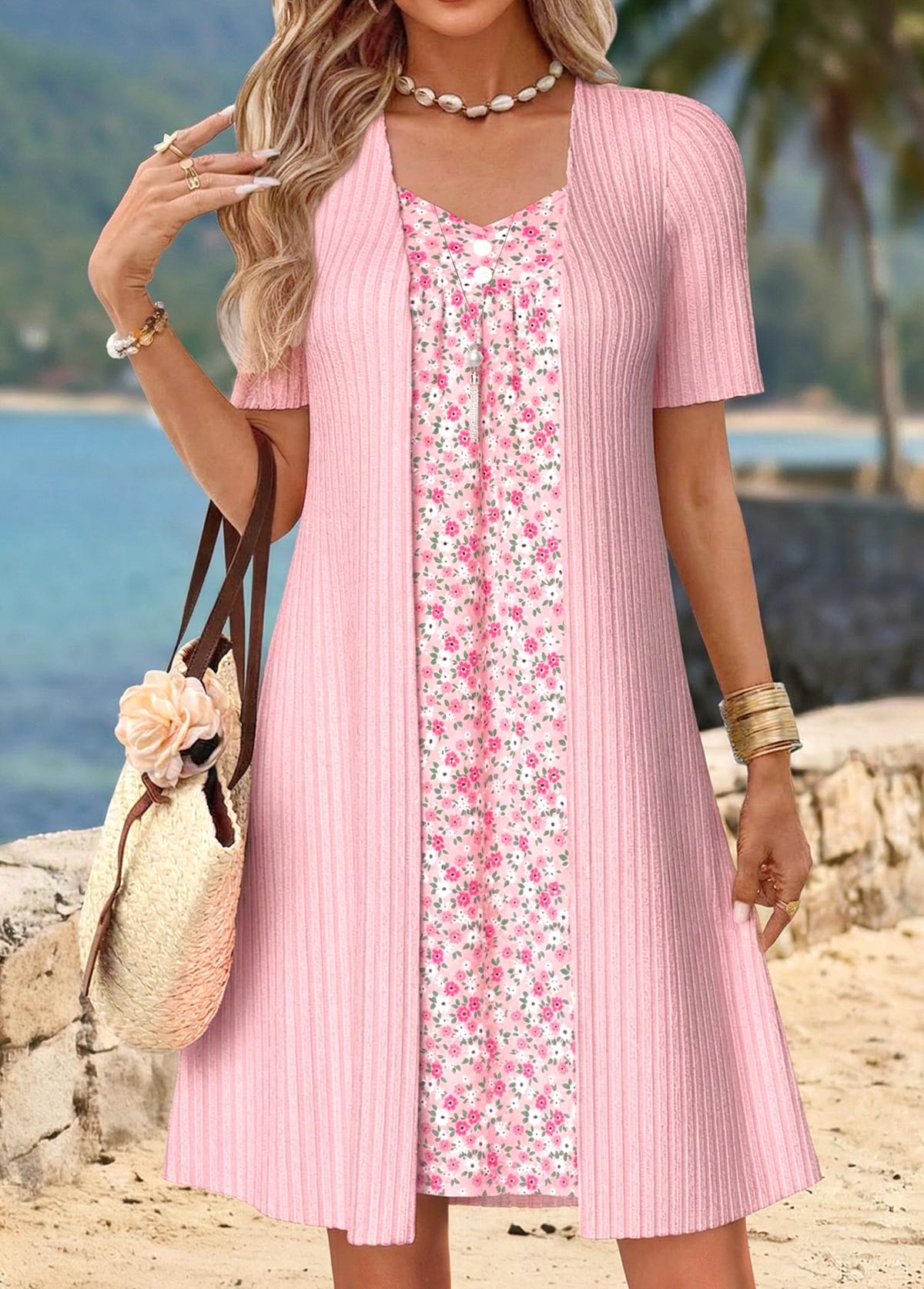 Light Pink Ditsy Floral Print Short Fake 2in1 Dress | picture 