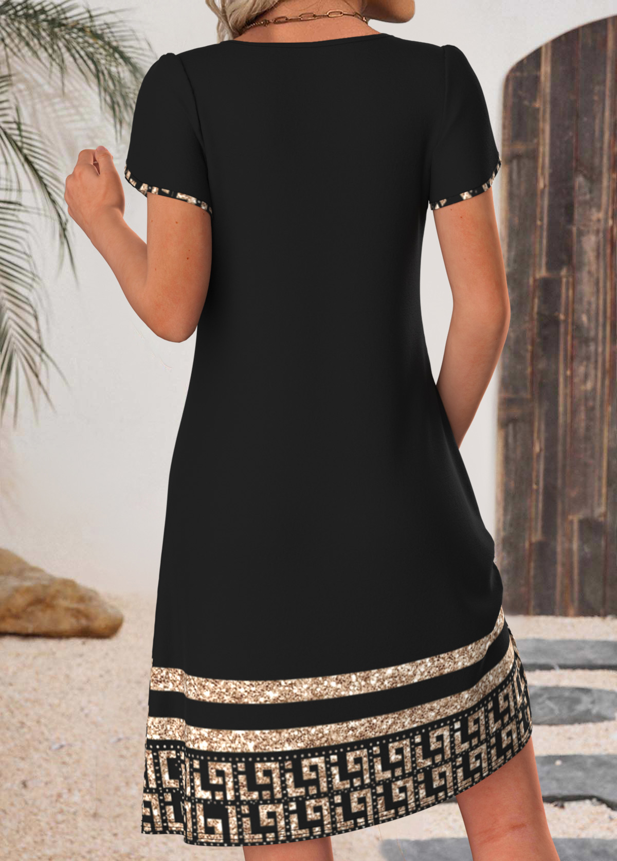 Black Tribal Print Short Tuck Stitch Split Neck Dress | picture 