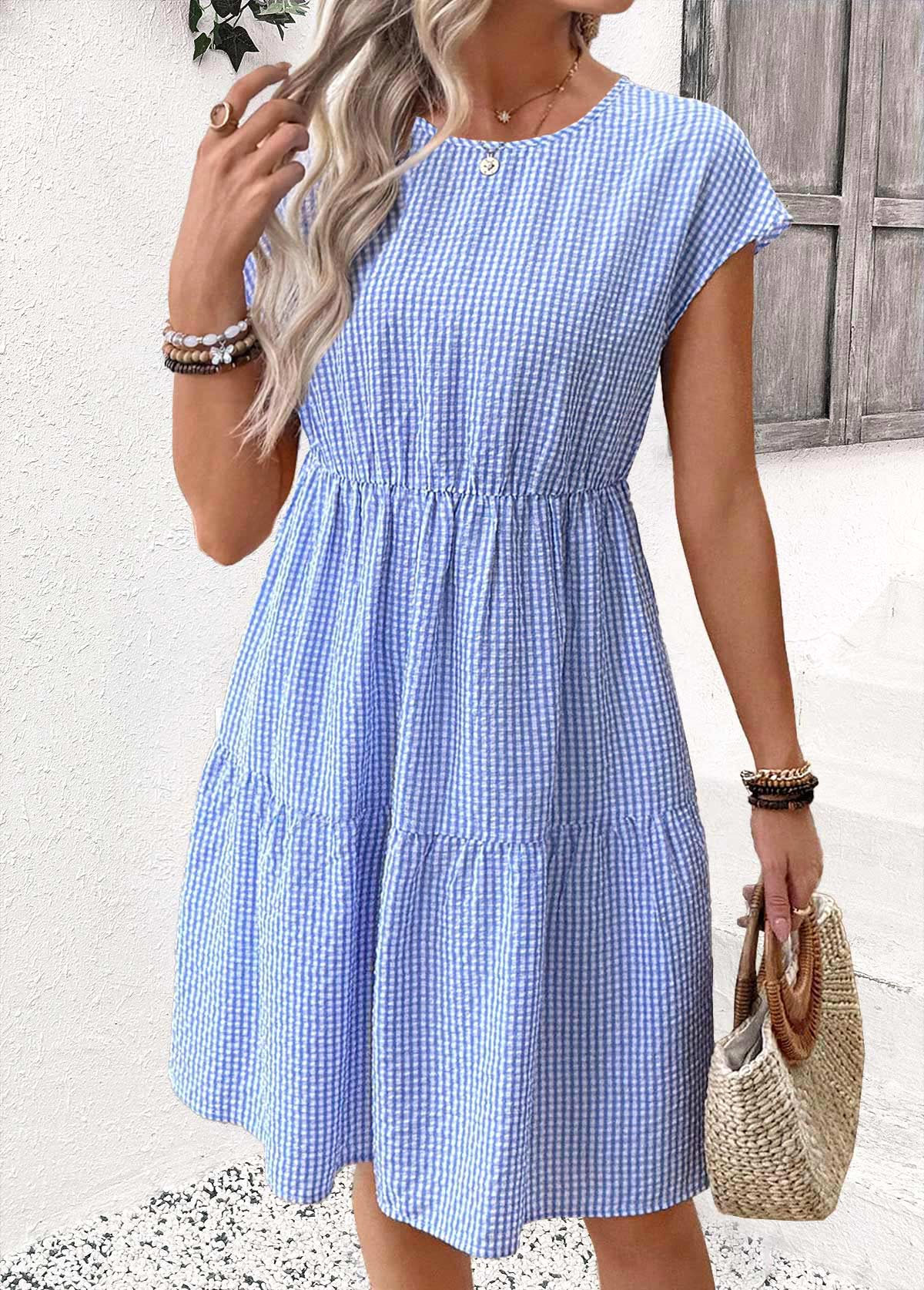 Light Blue Striped Short Tummy Coverage Round Neck Dress | picture 