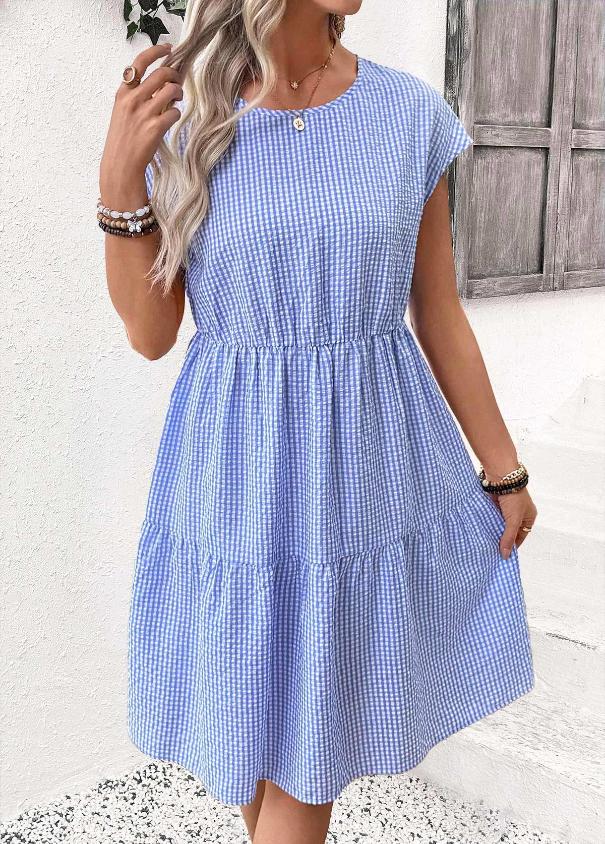 Light Blue Striped Short Tummy Coverage Round Neck Dress | picture 