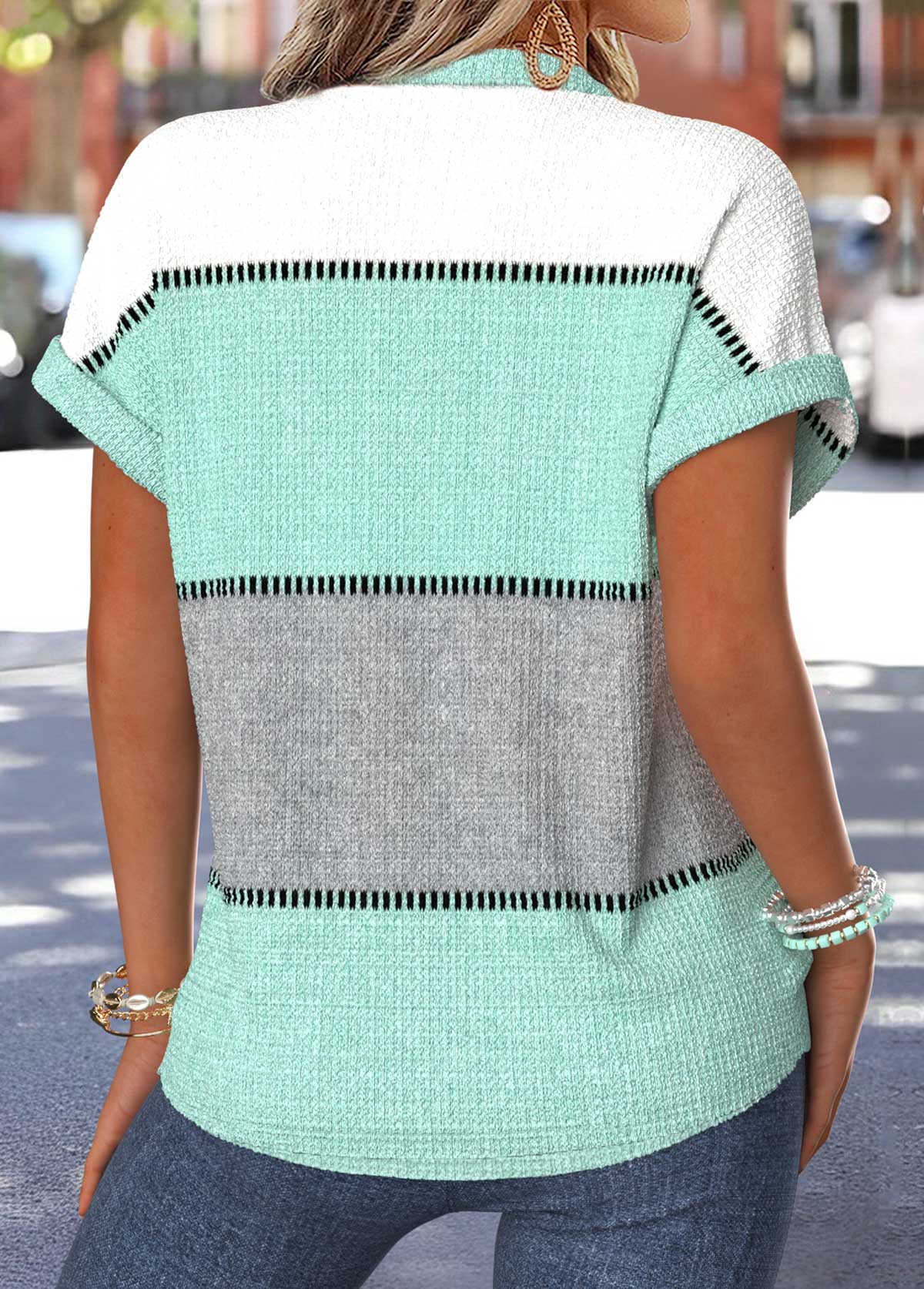 Plus Size Mint Green Tummy Coverage Geometric Print Blouse | picture 