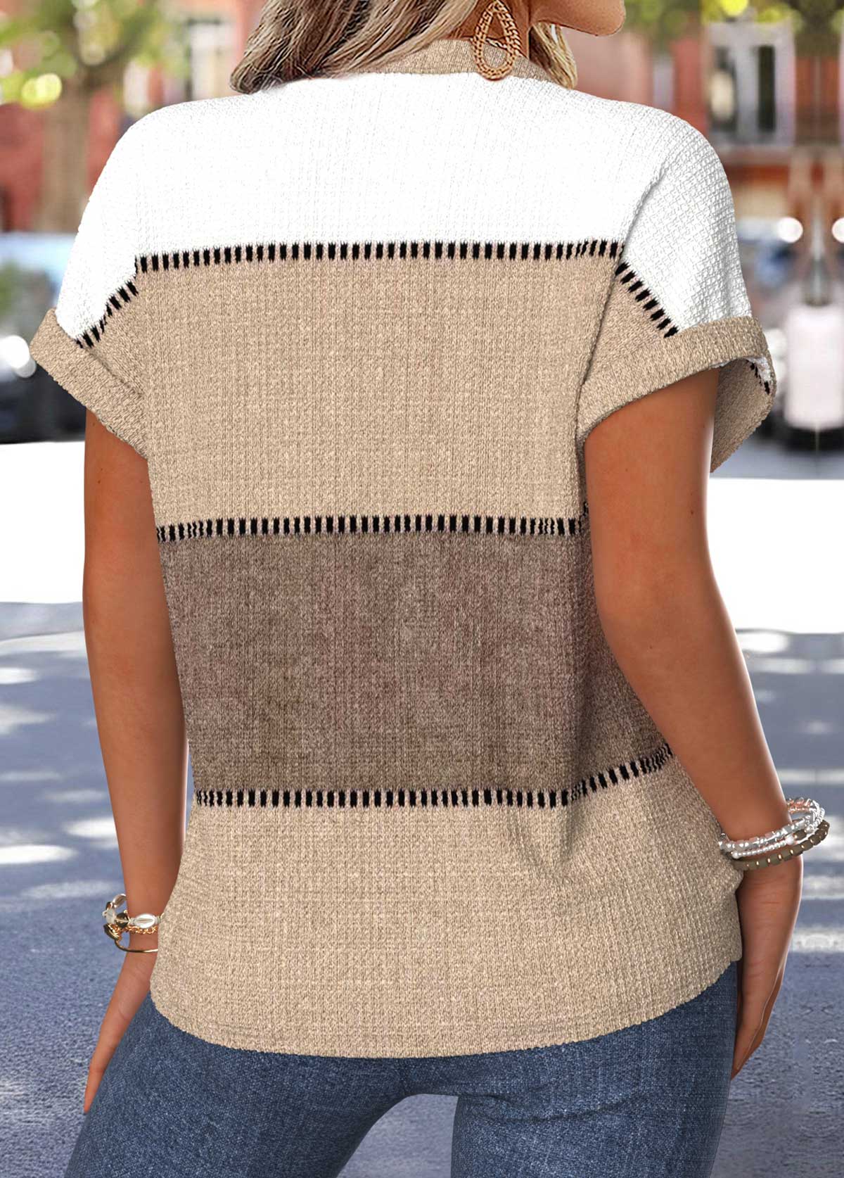 Light Camel Geometric Print Tummy Coverage Short Sleeve Blouse | picture 