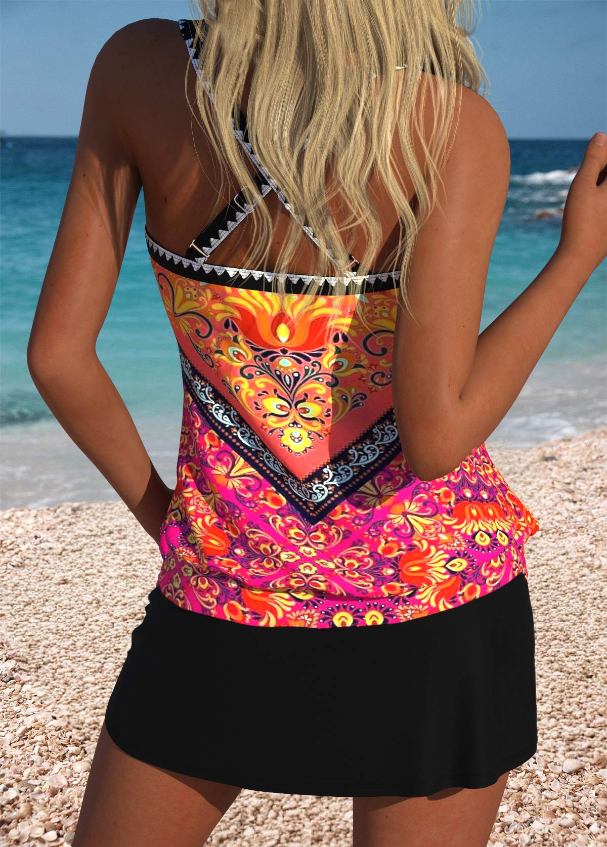 Orange Mid Waisted Blouson Tribal Print Tankini Set | picture 