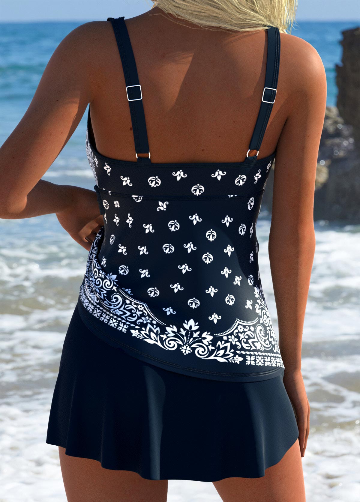 Navy Mid Waisted Tribal Print Tankini Set | picture 