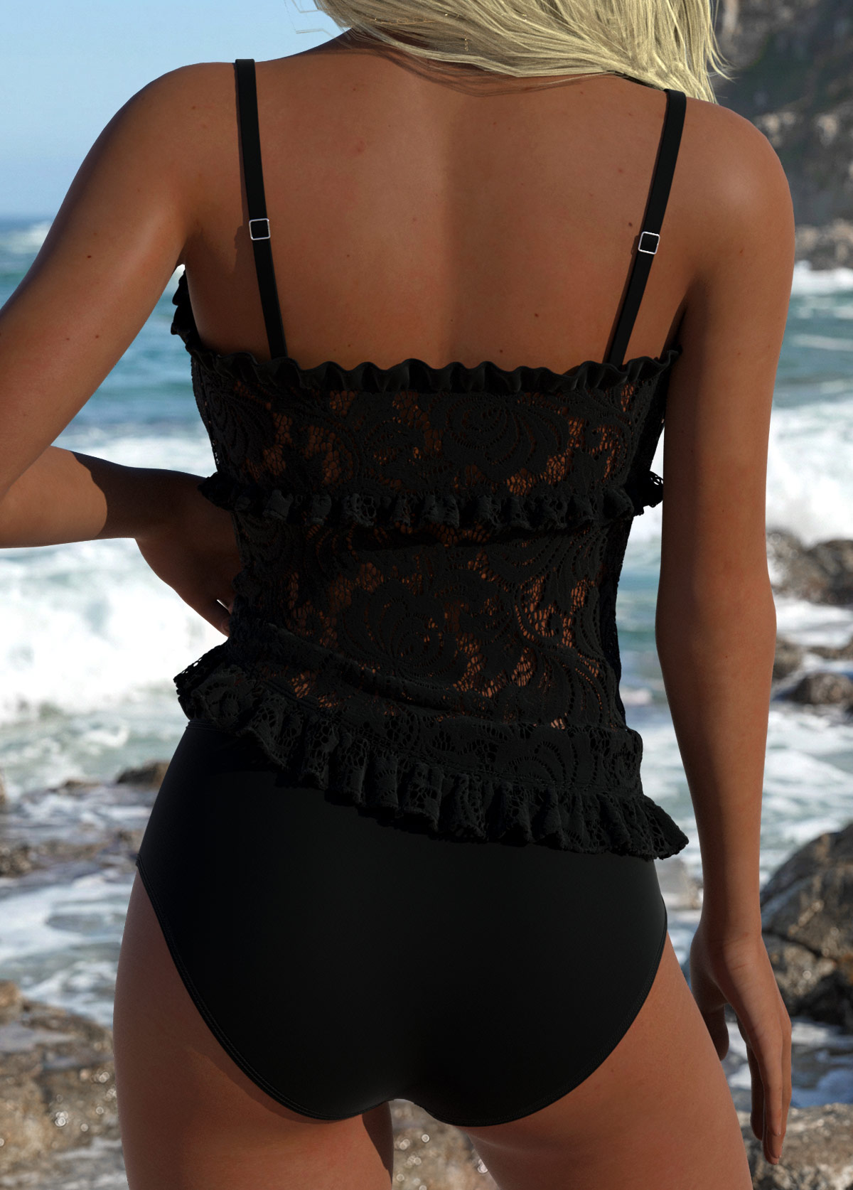 Black Mid Waisted Frill Tankini Set | picture 