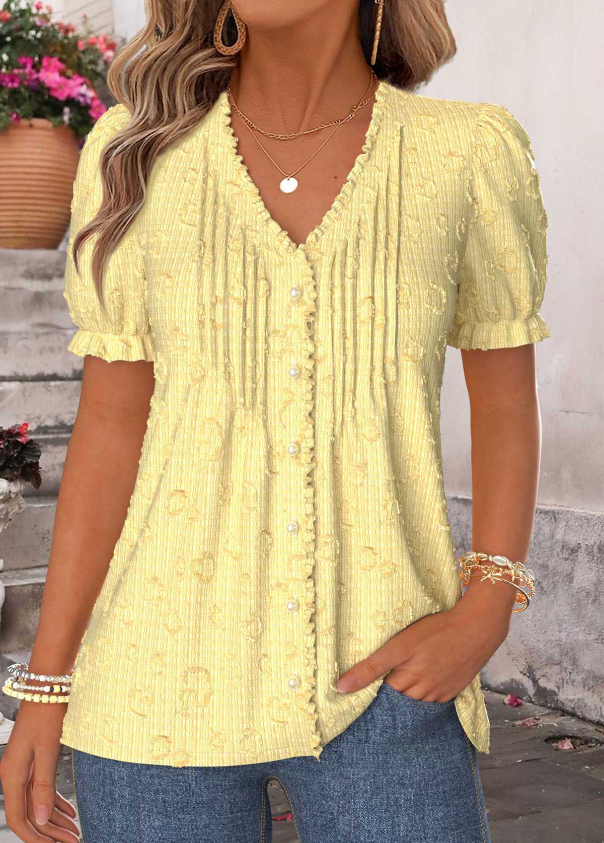 Yellow Frill Short Sleeve V Neck T Shirt | picture 