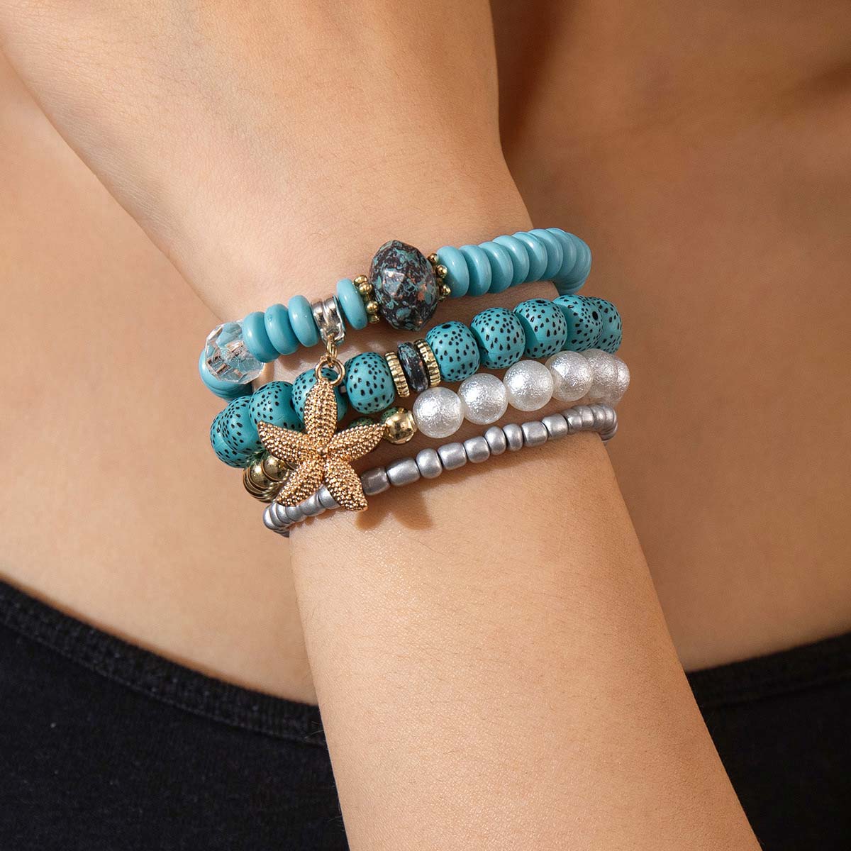 Mint Green Starfish Beaded Bracelet Set | picture 