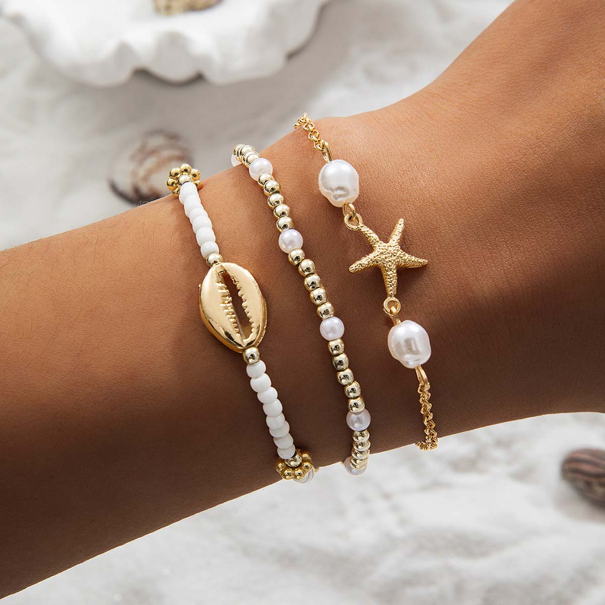 Beige Starfish Shell Alloy Beaded Bracelets | picture 