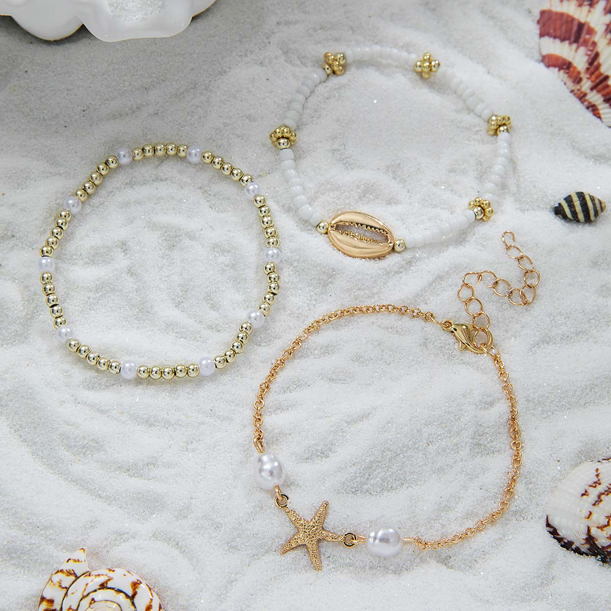 Beige Starfish Shell Alloy Beaded Bracelets | picture 