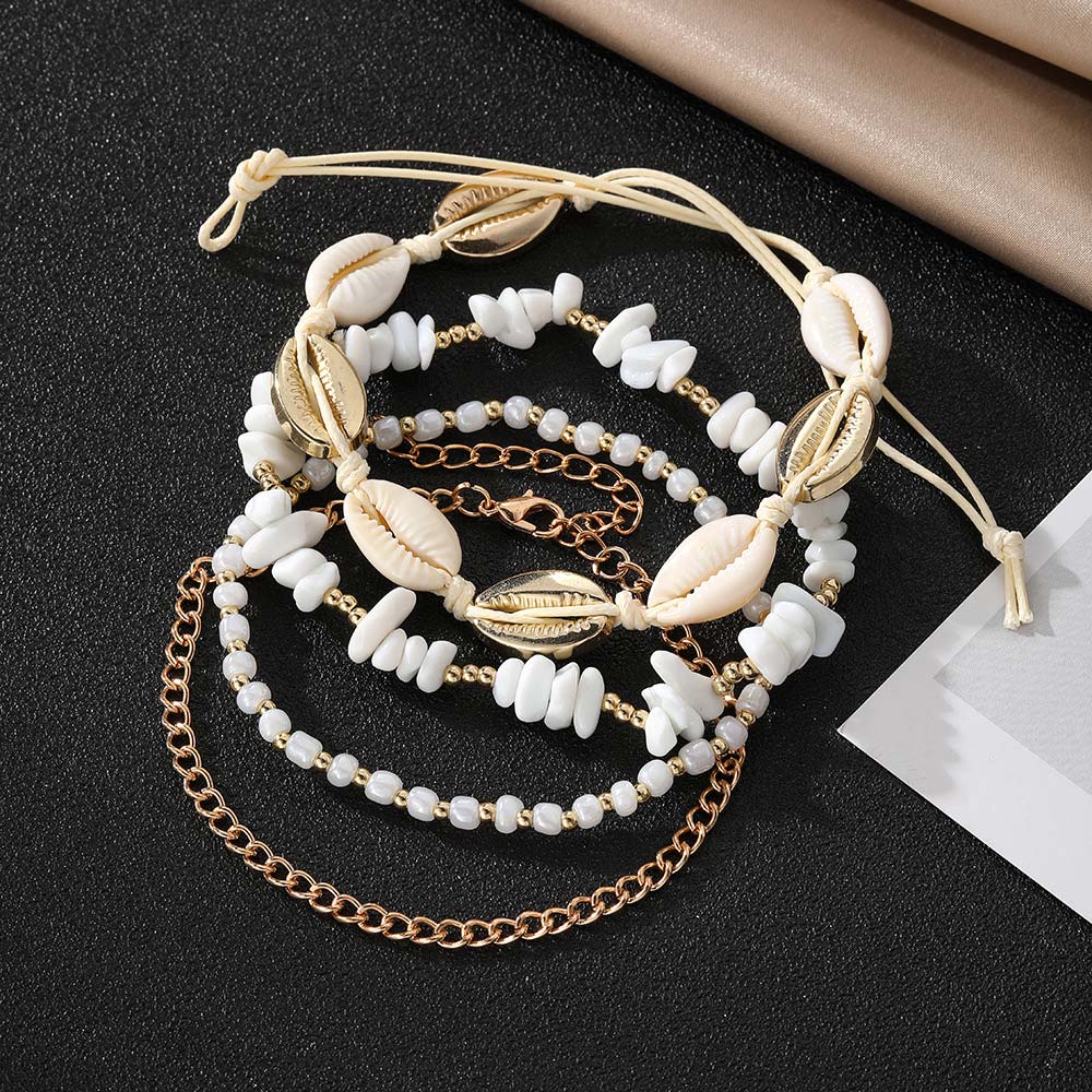 Beige Color Shell Detail Multi-layered Anklets | picture 