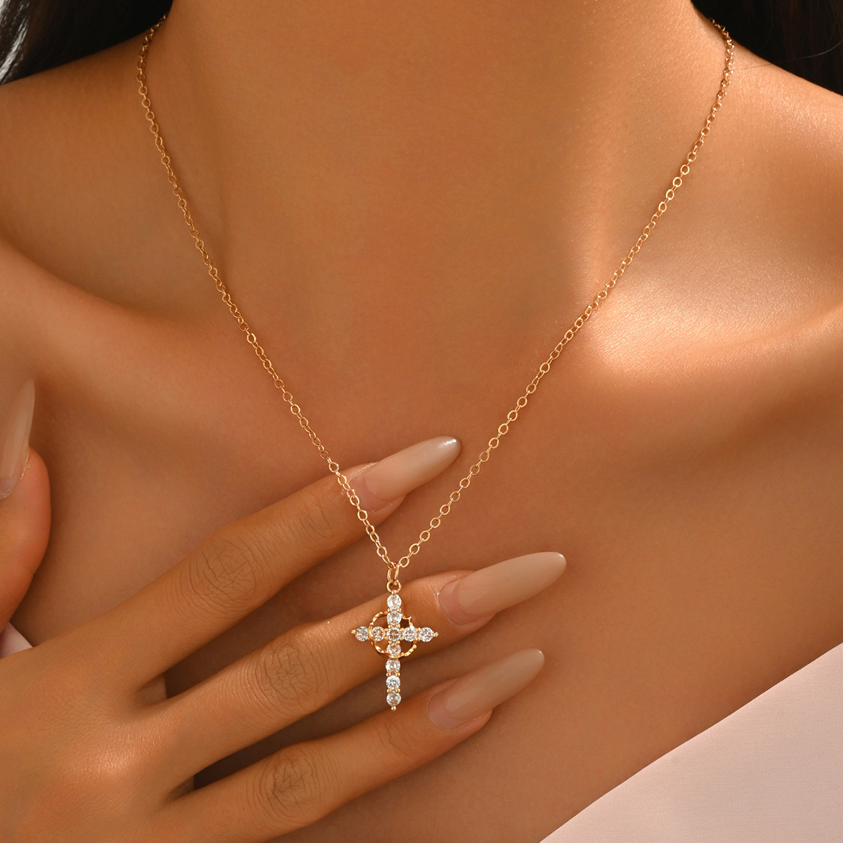 Golden Zircon Cross Design Copper Necklace | picture 