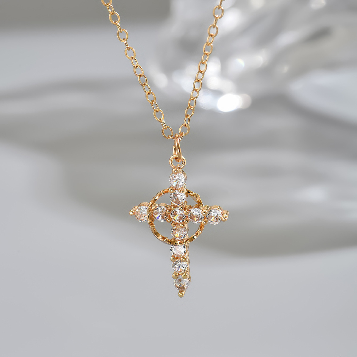 Golden Zircon Cross Design Copper Necklace | picture 