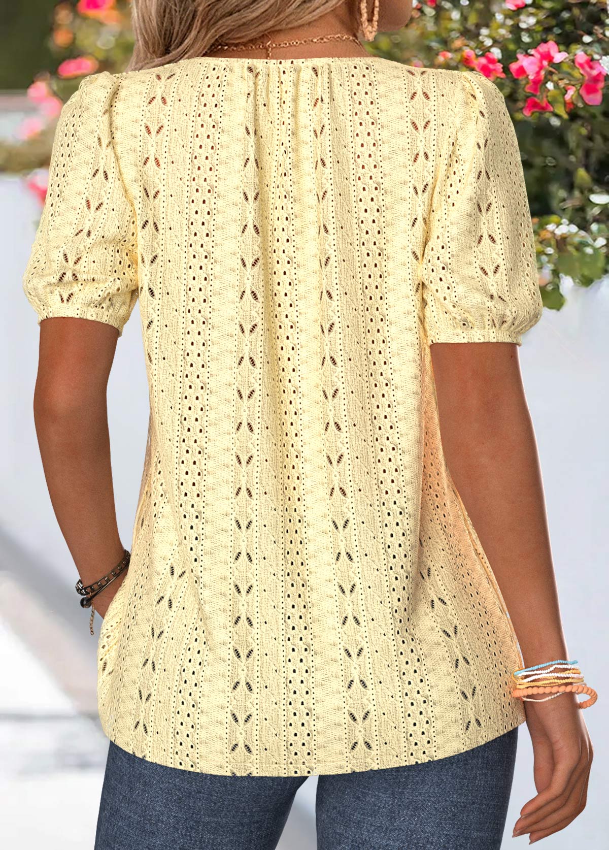 Light Yellow Curved Hem Short Sleeve Split Neck Blouse | picture 