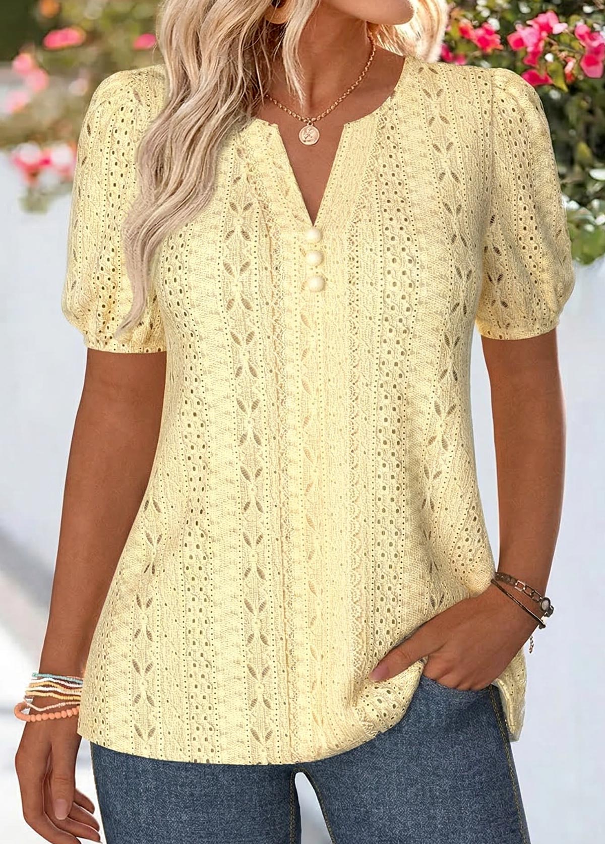 Light Yellow Curved Hem Short Sleeve Split Neck Blouse | picture 