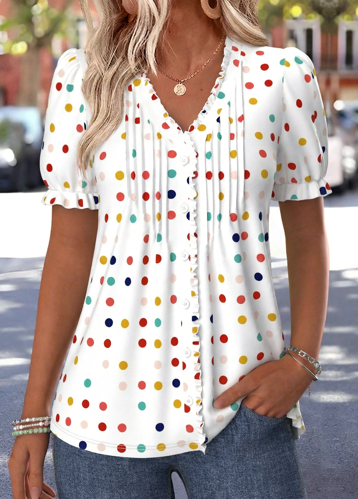 White Polka Dot Frill Short Sleeve T Shirt | picture 