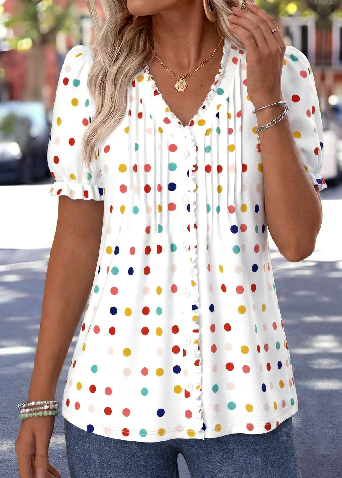 White Polka Dot Frill Short Sleeve T Shirt | picture 
