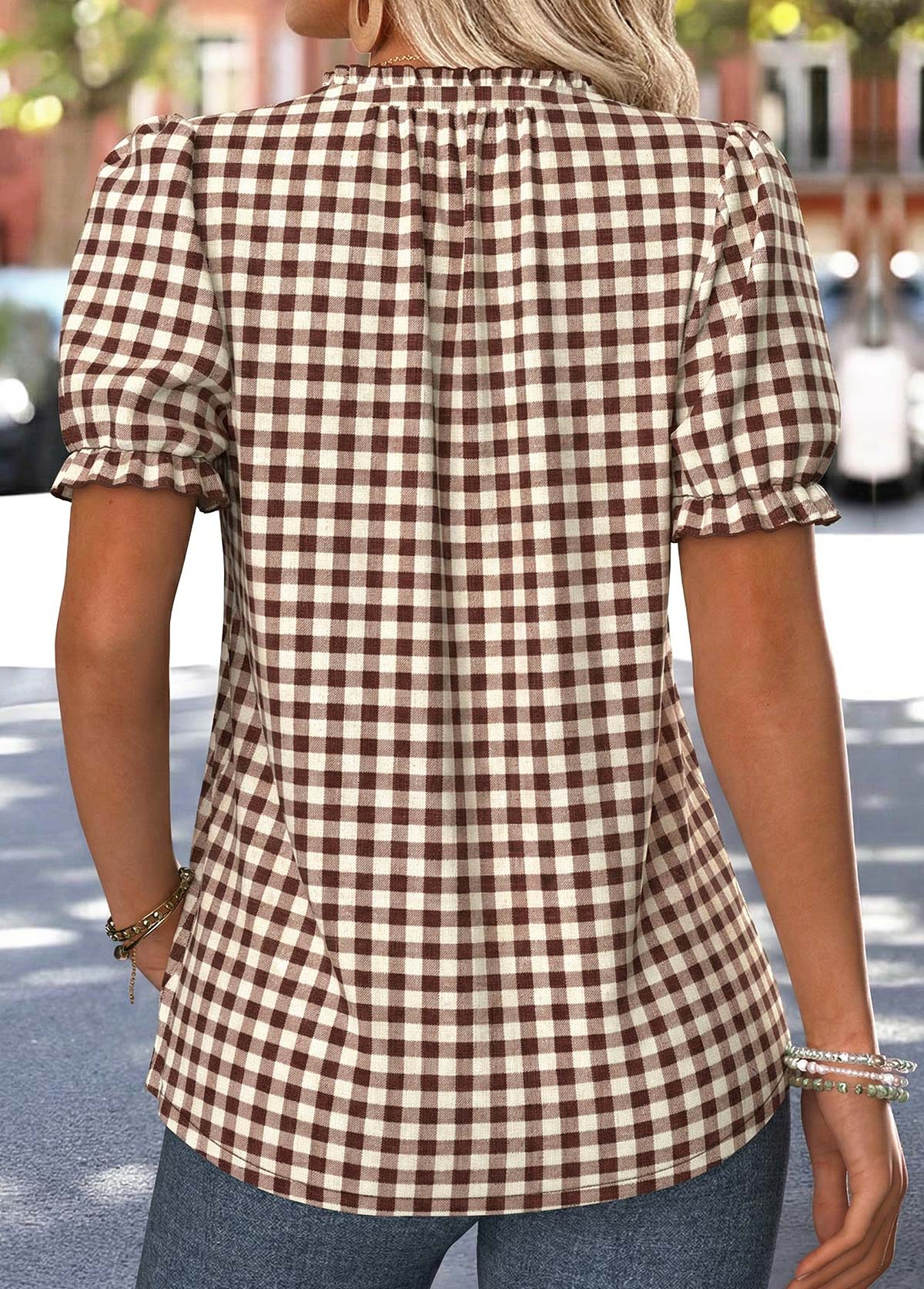 Dark Coffee Plaid Frill Short Sleeve T Shirt | picture 