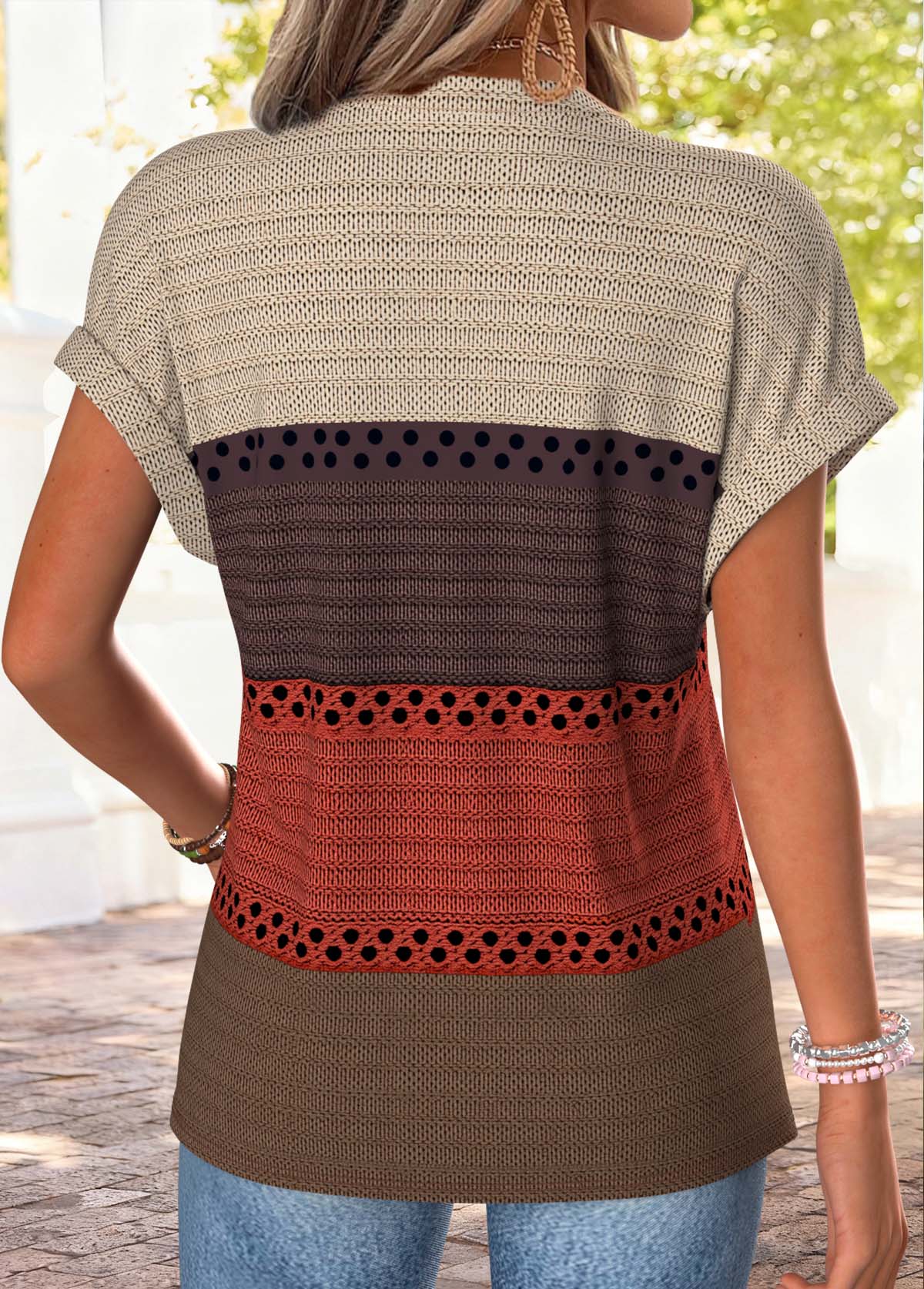 Multi Color Striped Short Sleeve Split Neck T Shirt | picture 