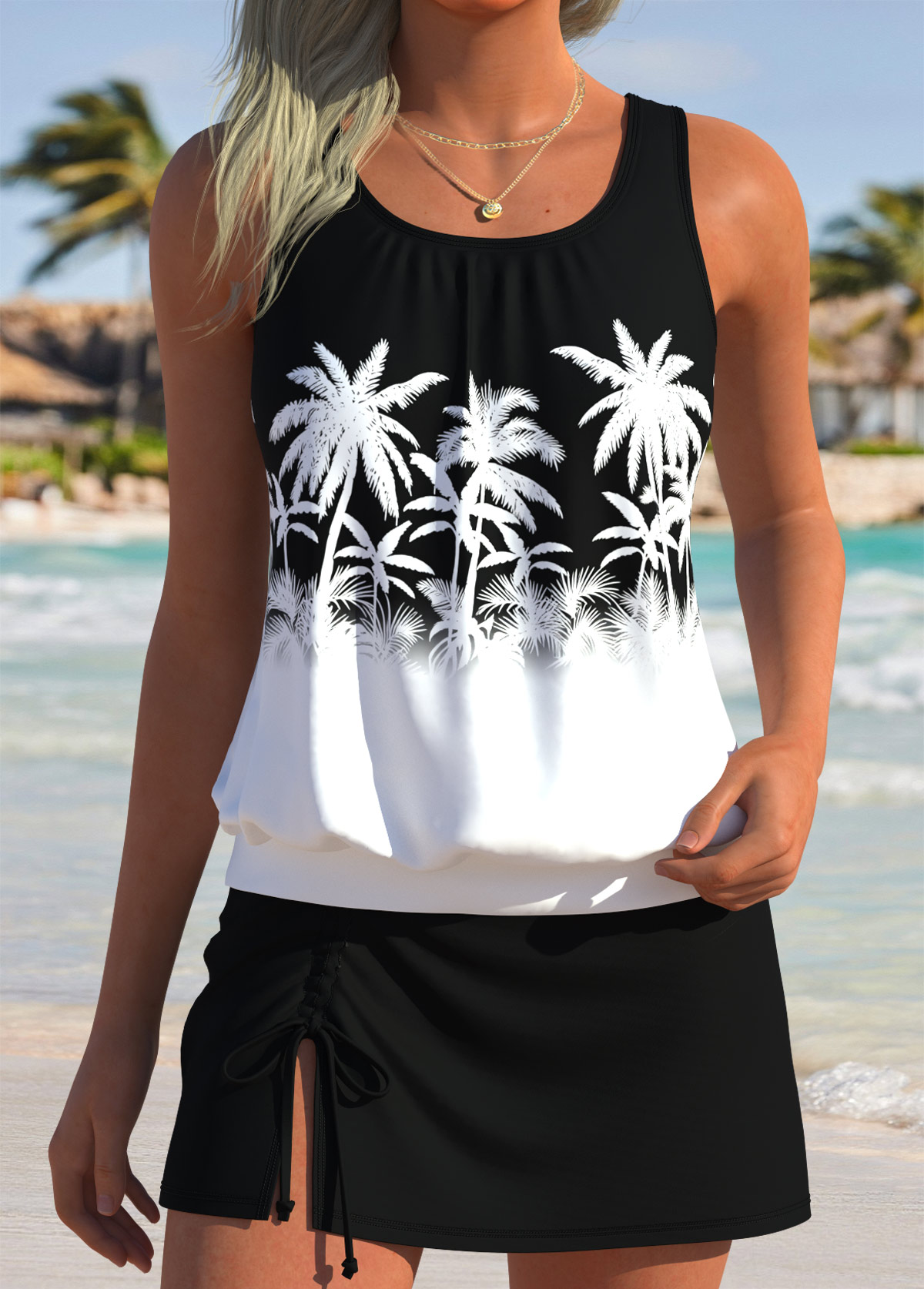 Black Mid Waisted Blouson Tankini Set | picture 