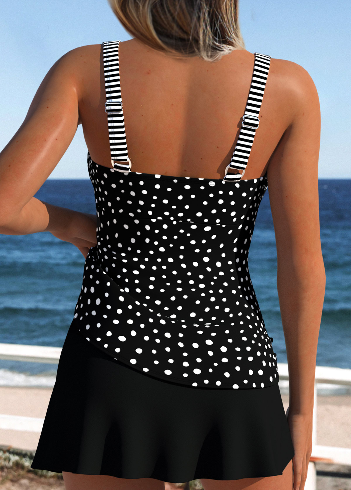 Black Mid Waisted Patchwork Polka Dot Tankini Set | picture 