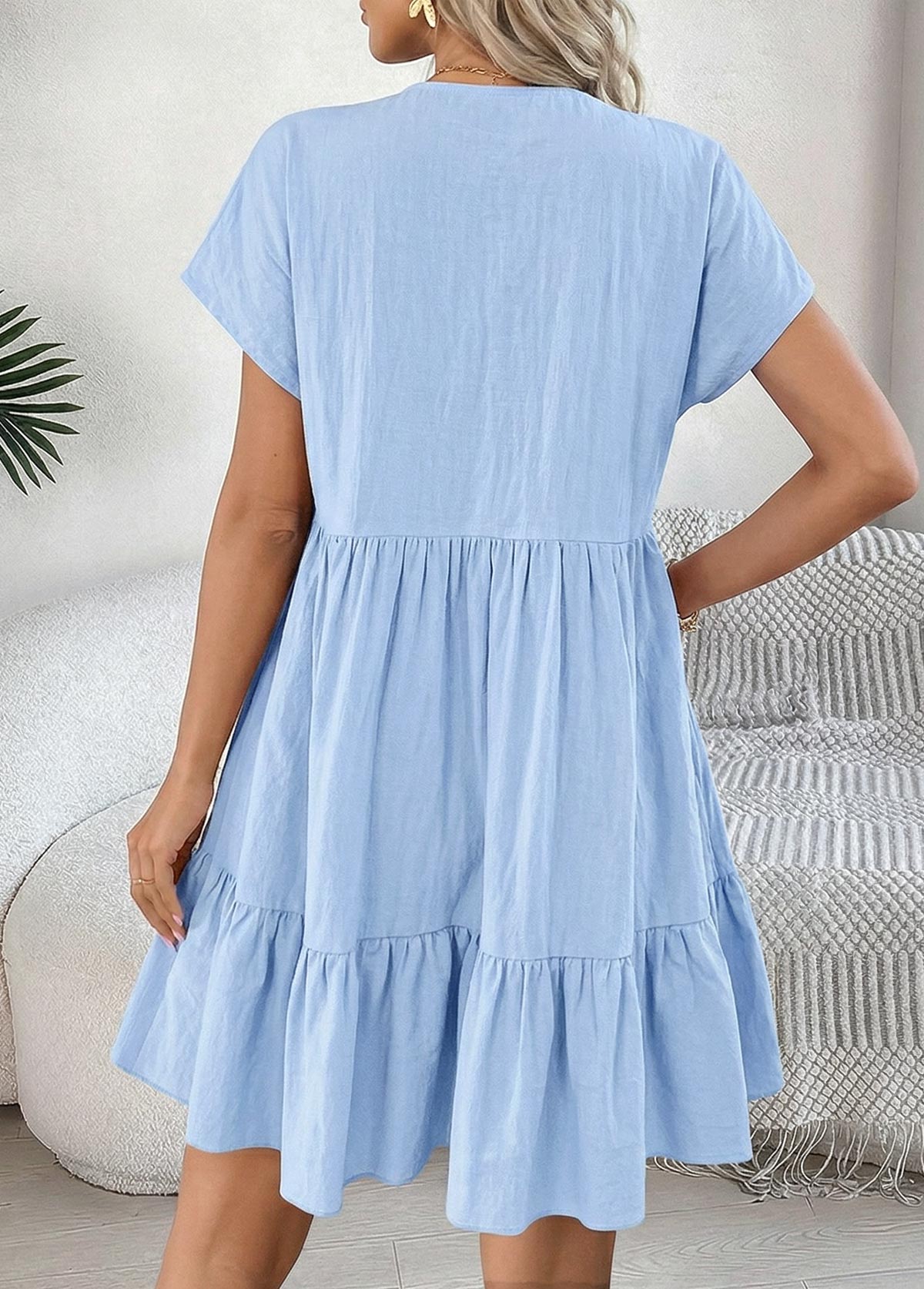 Light Blue Short Shirred V Neck Dress | picture 