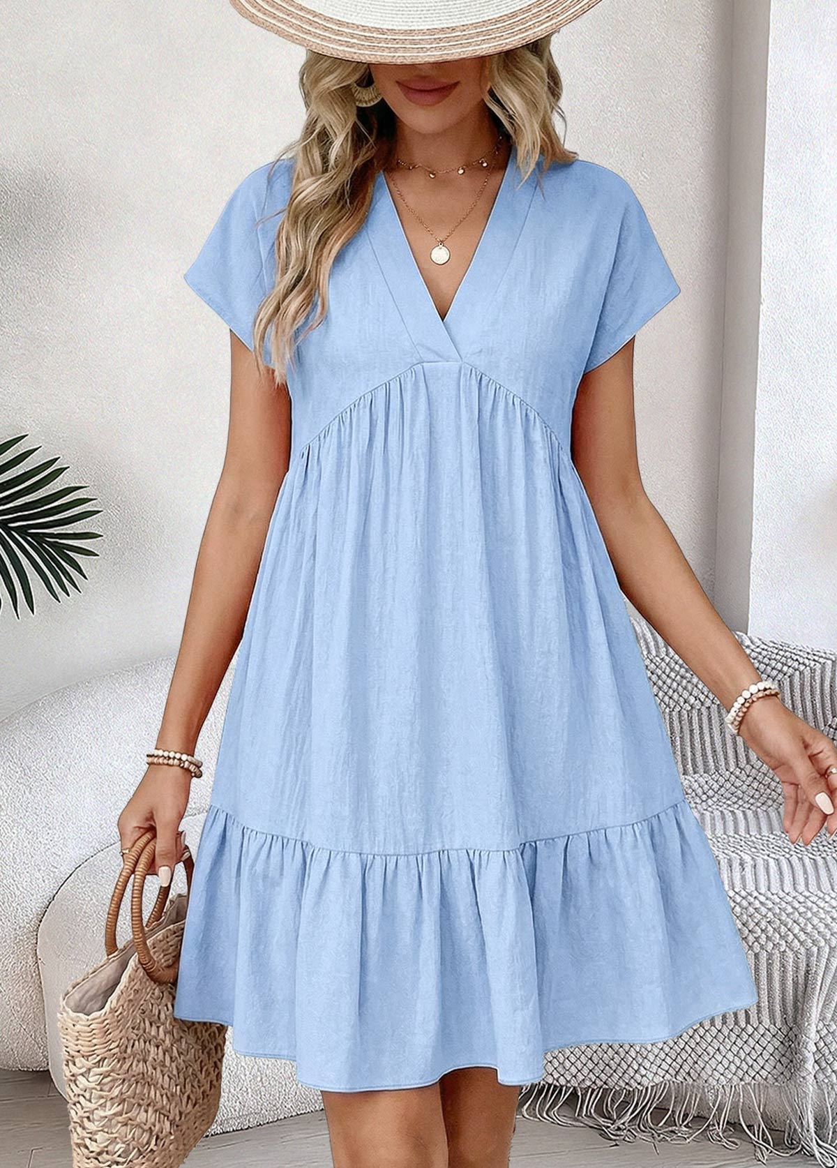 Light Blue Short Shirred V Neck Dress | picture 
