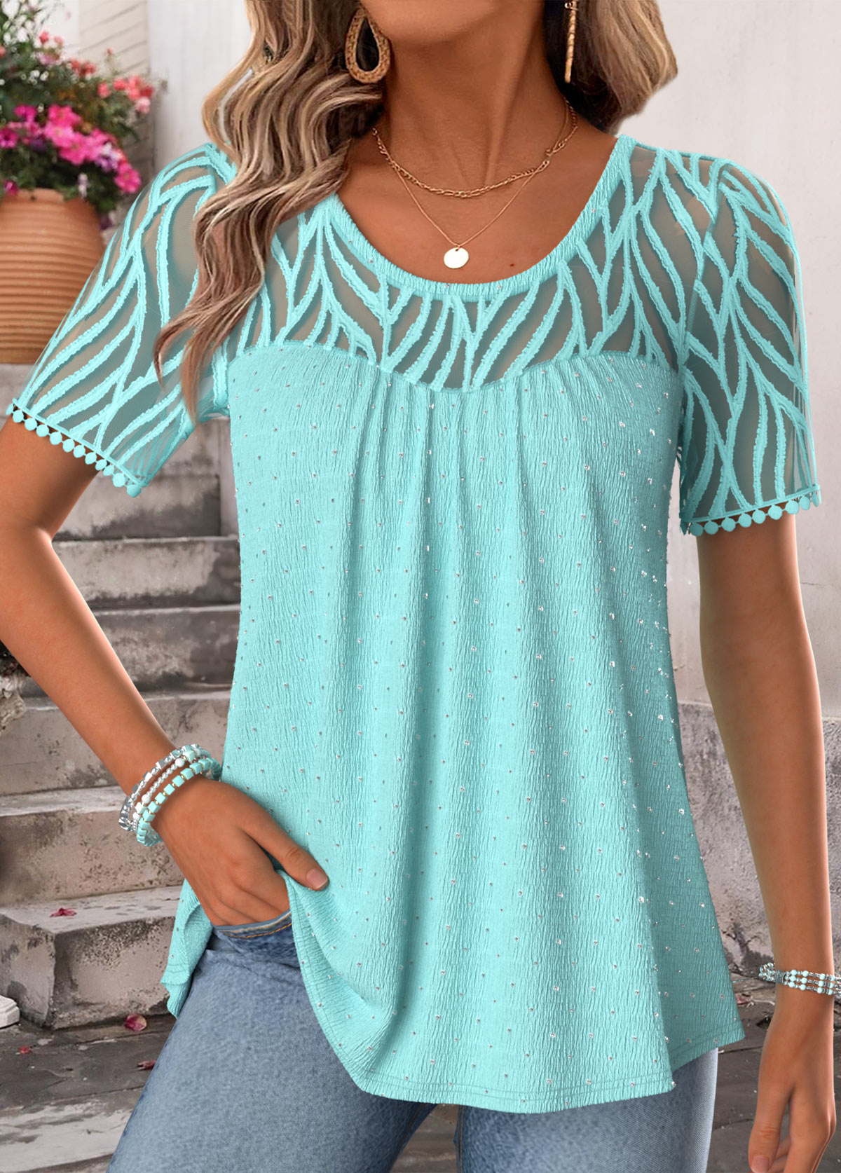 Modlily Cyan Patchwork Short Sleeve Scoop Neck T Shirt - XXL