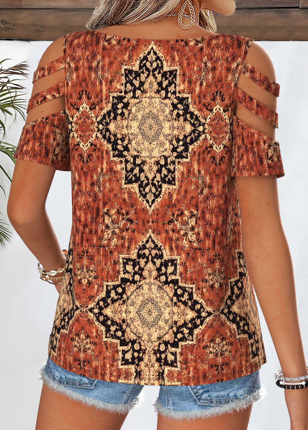 Dark Coffee Tribal Print Curved Hem T Shirt | picture 