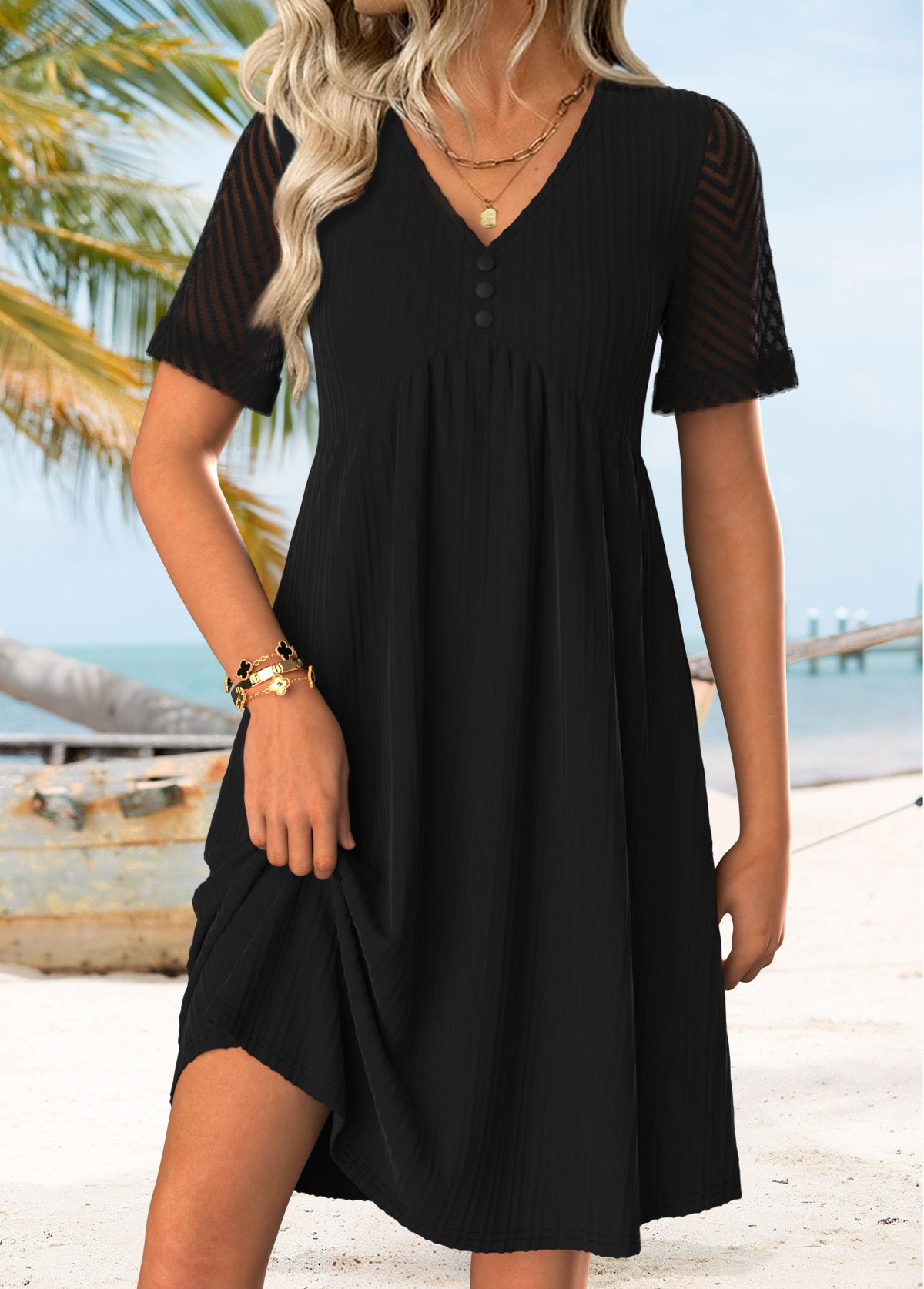 Black Short Shirred V Neck Dress | picture 