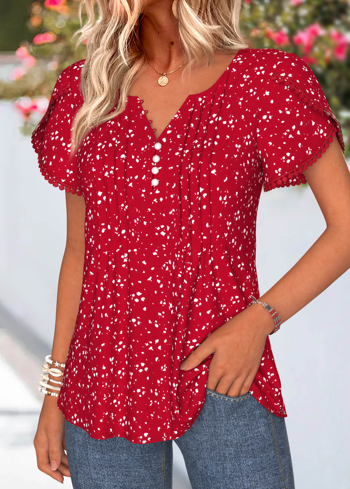 Red Polka Dot Curved Hem Short Sleeve T Shirt | picture 