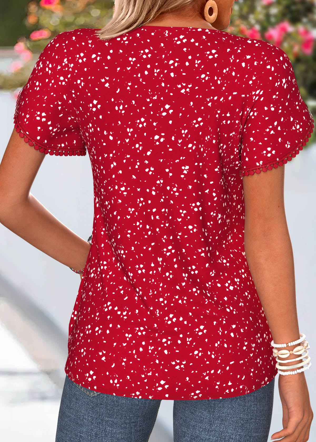 Red Polka Dot Curved Hem Short Sleeve T Shirt | picture 