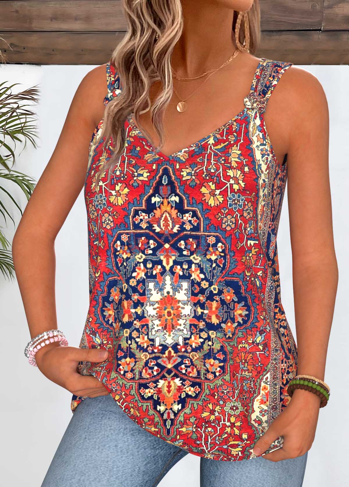 Multi Color Tribal Print Tie Sleeveless Tank Top | picture 