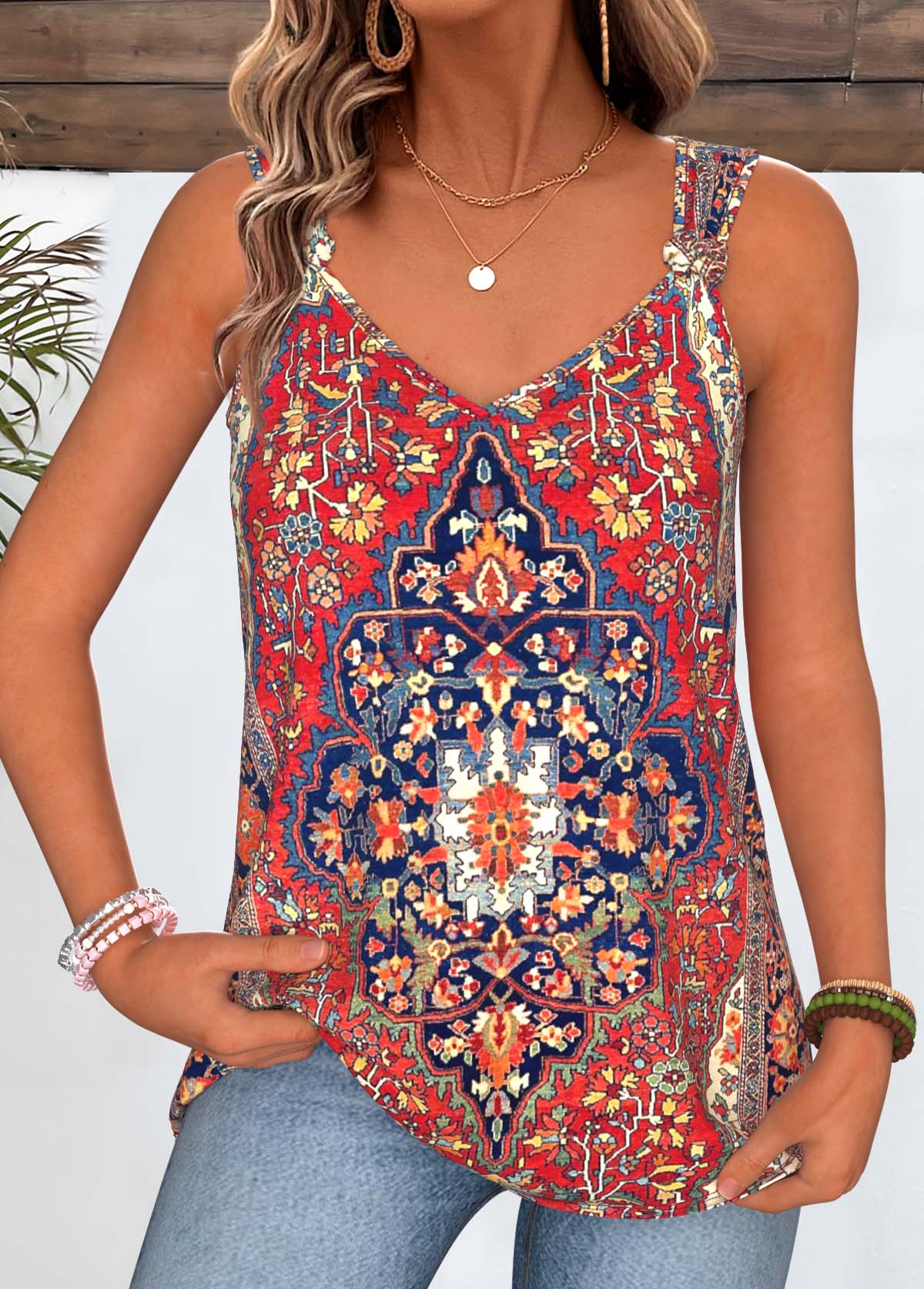Multi Color Tribal Print Tie Sleeveless Tank Top | picture 