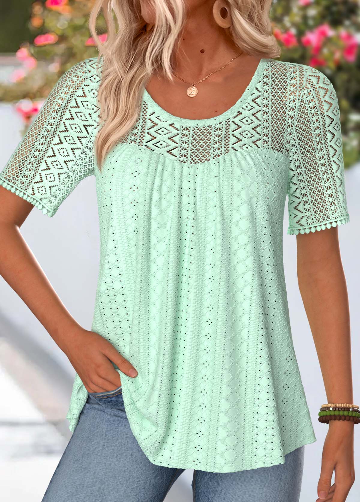 Mint Green Smocked Short Sleeve Scoop Neck T Shirt | picture 