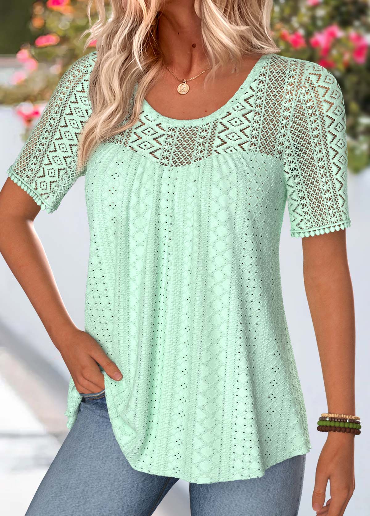 Mint Green Smocked Short Sleeve Scoop Neck T Shirt | picture 