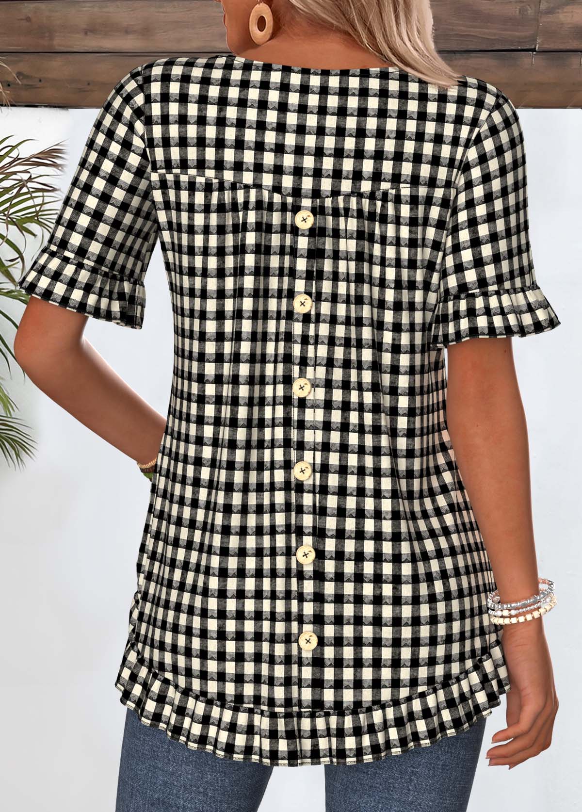 Black Plaid Frill Short Sleeve Round Neck T Shirt | picture 