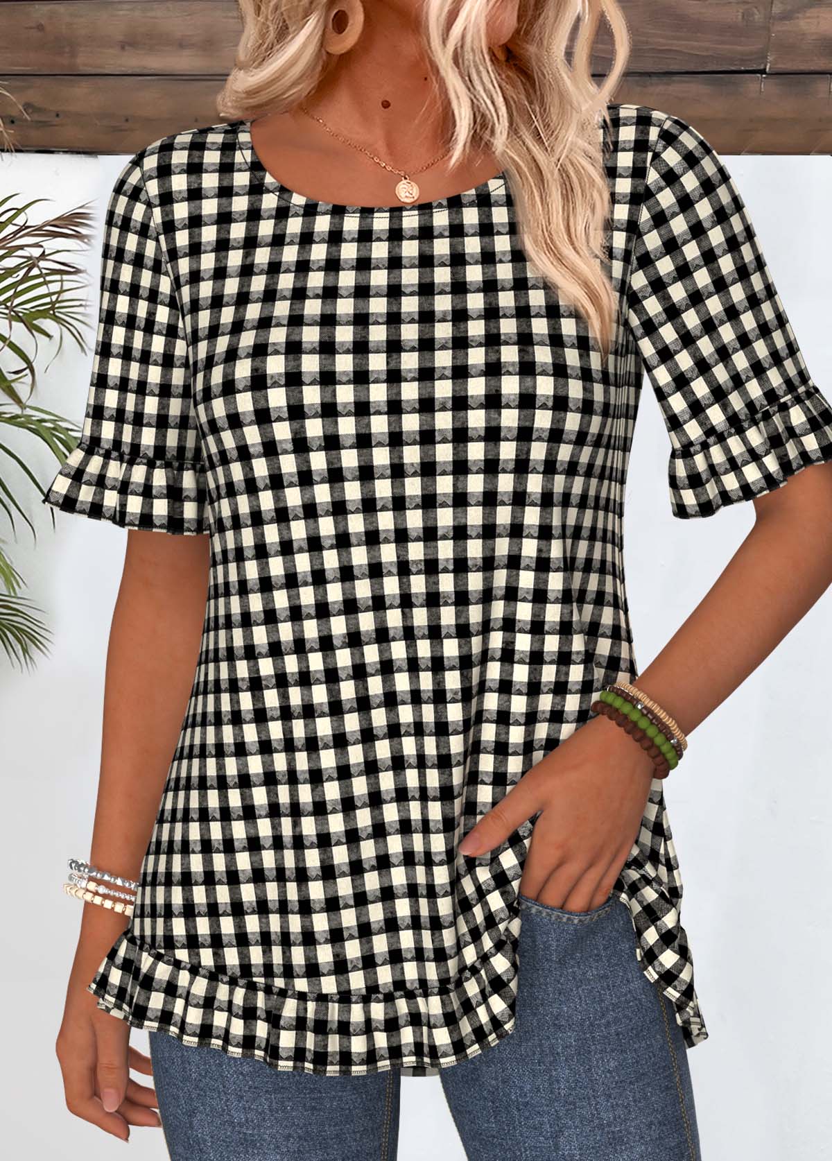 Black Plaid Frill Short Sleeve Round Neck T Shirt | picture 