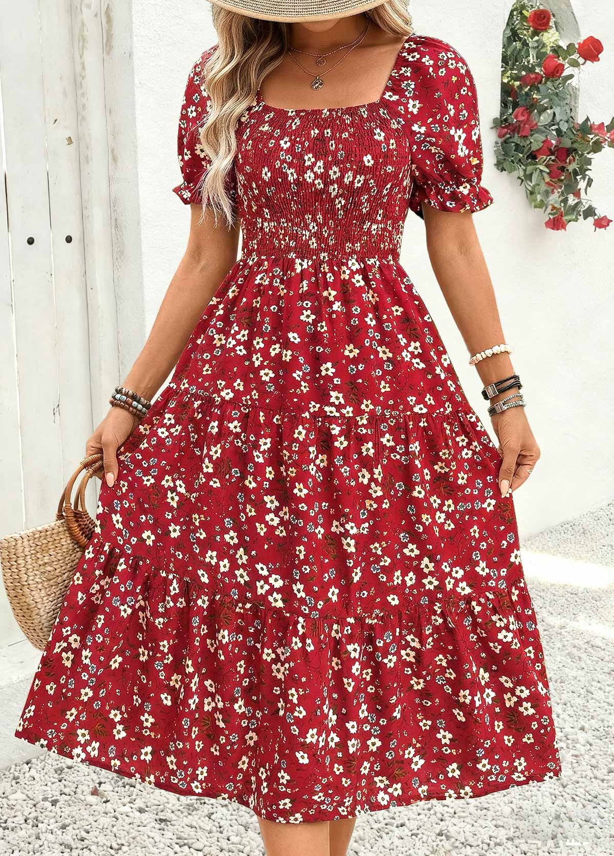 Red Ditsy Floral Print Smocked Short Sleeve Dress | picture 