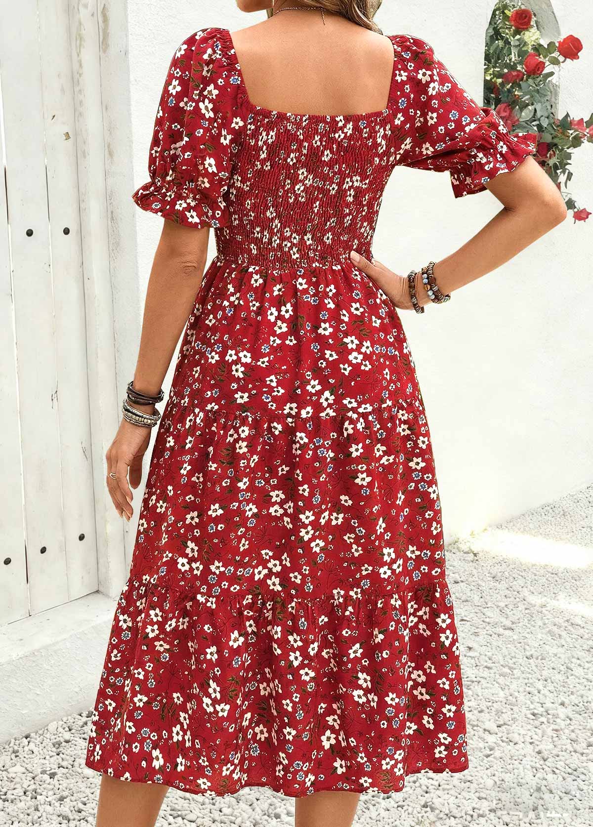 Red Ditsy Floral Print Smocked Short Sleeve Dress | picture 