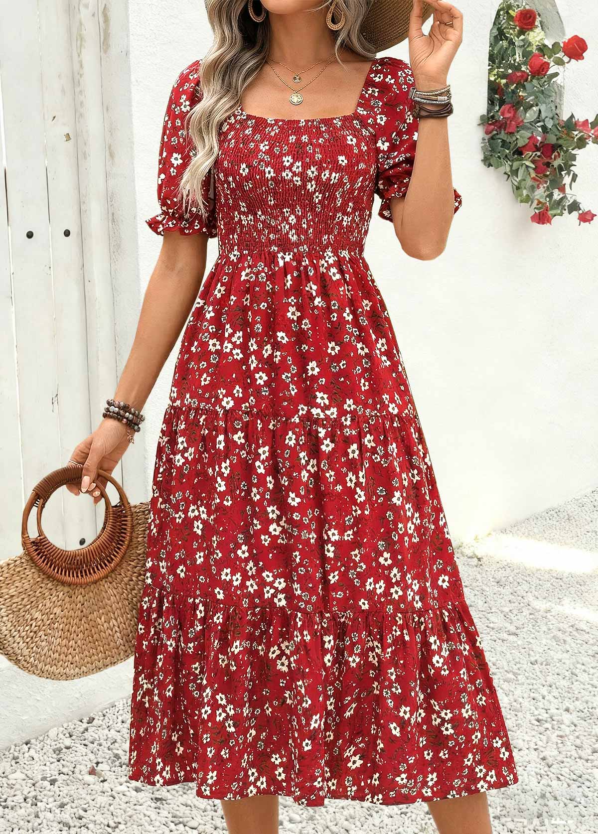Red Ditsy Floral Print Smocked Short Sleeve Dress | picture 