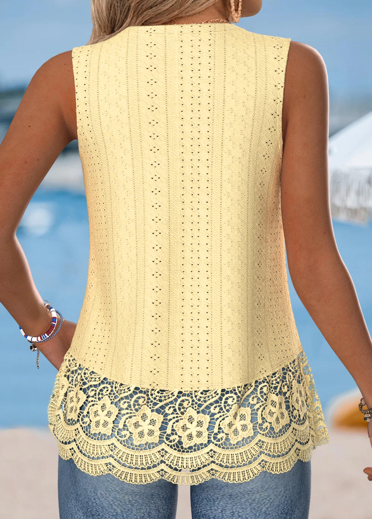 Yellow Lace Trim Sleeveless V Neck Tank Top | picture 
