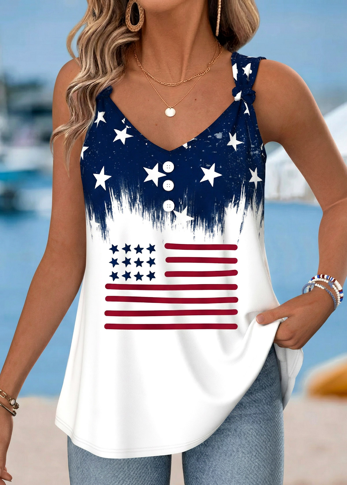 American Flag Navy Tie Strappy V Neck Tank Top | picture 