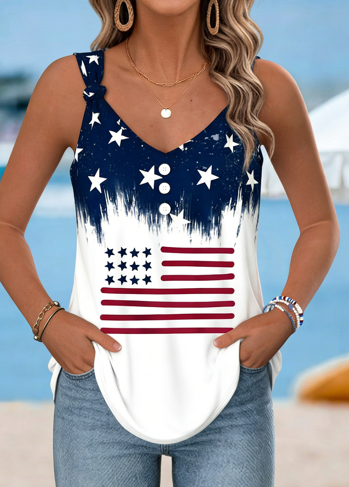 American Flag Navy Tie Strappy V Neck Tank Top | picture 