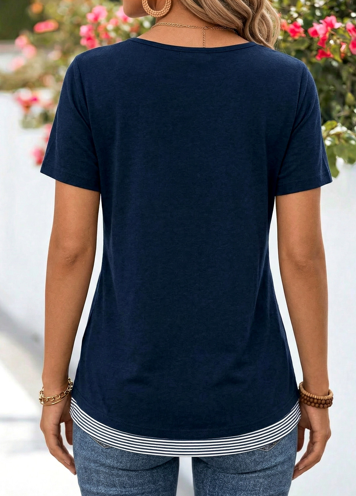 Navy Striped Fake 2in1 Short Sleeve Split Neck Blouse | picture 