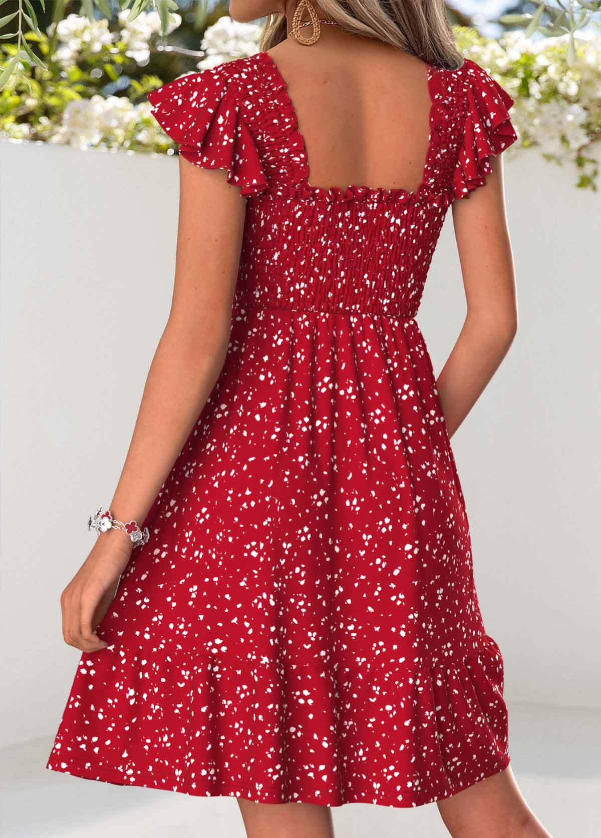 Red Ditsy Floral Print Short Corset Square Neck Dress | picture 
